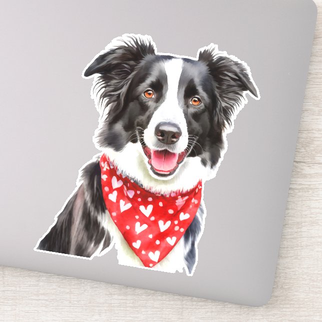 Happy Cute Border Collie with Red Heart Bandana (Detail)