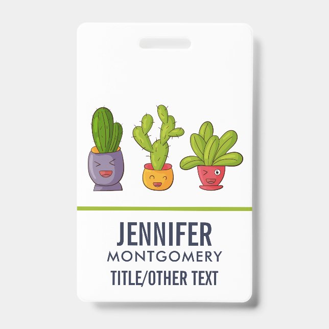 Happy Cute Cactus in Flower Pots Fun Illustration Badge (Front)