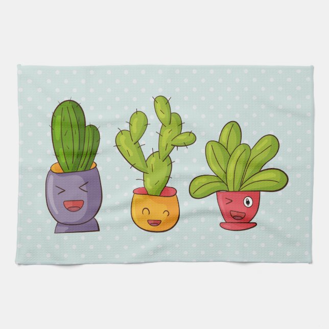 Happy Cute Cactus in Flower Pots Fun Illustration Kitchen Towel (Horizontal)