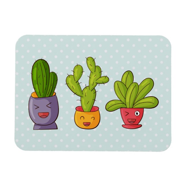 Happy Cute Cactus in Flower Pots Fun Illustration Magnet (Horizontal)