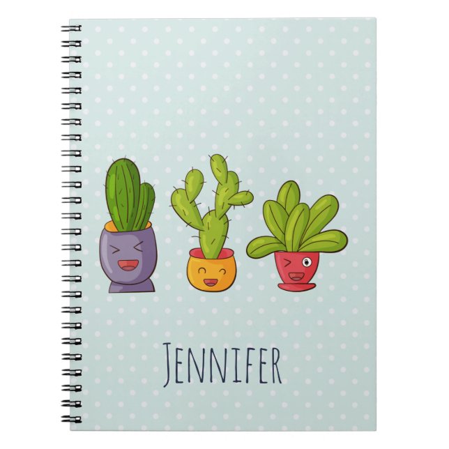 Happy Cute Cactus in Flower Pots Fun Illustration Notebook (Front)