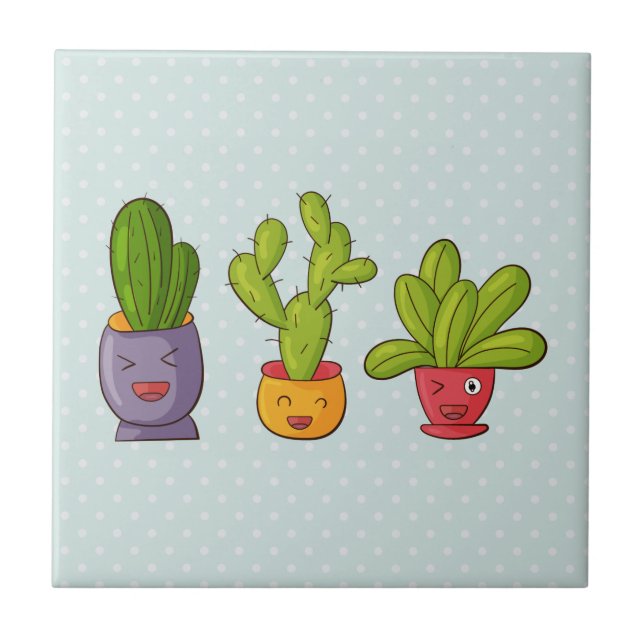 Happy Cute Cactus in Flower Pots Fun Illustration Tile (Front)
