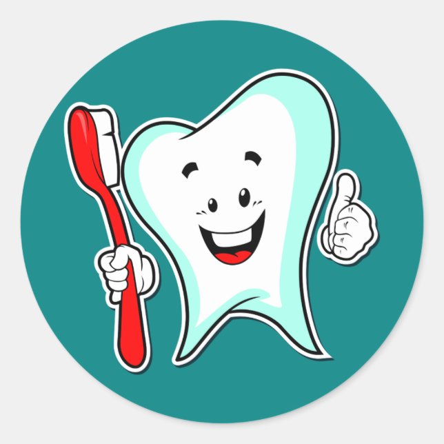 Happy Cute Cartoon Tooth With a Toothbrush Classic Round Sticker (Front)