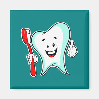 Happy Cute Cartoon Tooth With a Toothbrush Magnet