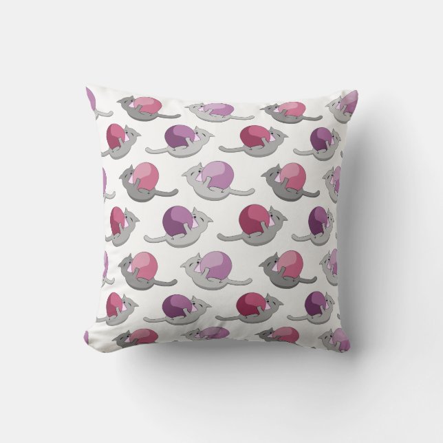 Happy Cute Cats Playing with Balls Pattern Throw Pillow (Front)