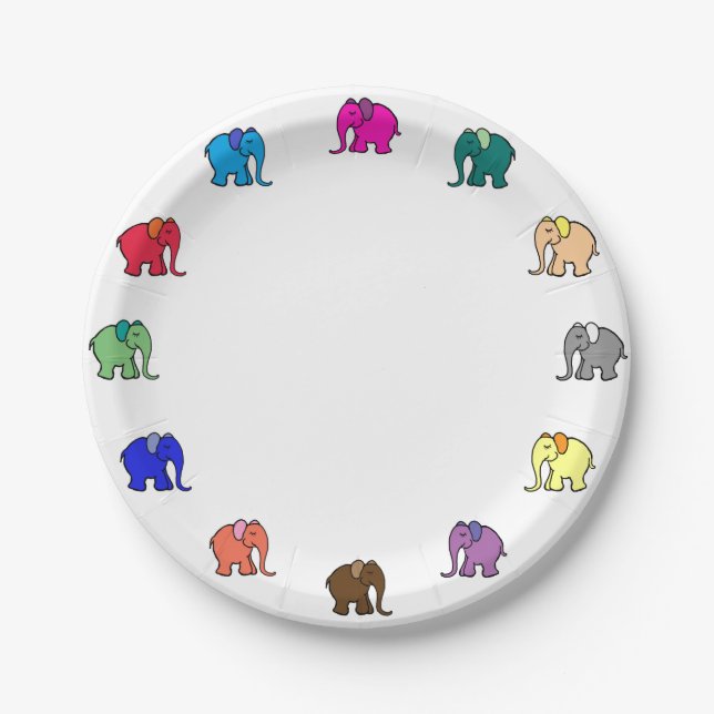 Happy Cute Colourful Elephant Parade Kids Birthday Paper Plate (Front)