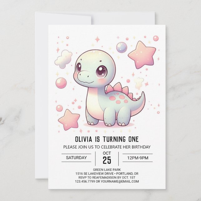 Happy Cute Dinosaur 1st Birthday Invitation (Front)