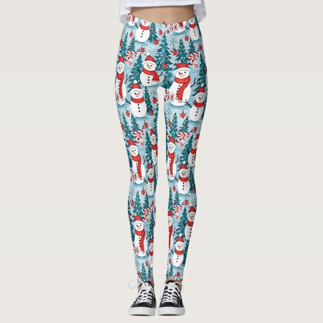 Happy Cute Festive Snowmen in Blue and Red Leggings (Front)