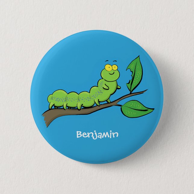 Happy cute green caterpillar cartoon illustration 2 inch round button (Front)