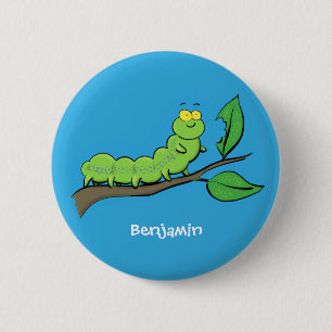Happy cute green caterpillar cartoon illustration 2 inch round button