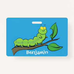 Happy cute green caterpillar cartoon illustration badge