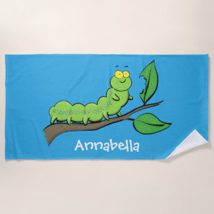 Happy cute green caterpillar cartoon illustration beach towel