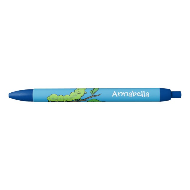 Happy cute green caterpillar cartoon illustration black ink pen (Front)