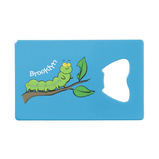Happy cute green caterpillar cartoon illustration credit card bottle opener (Front (Horizontal))