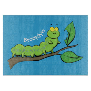 Happy cute green caterpillar cartoon illustration cutting board
