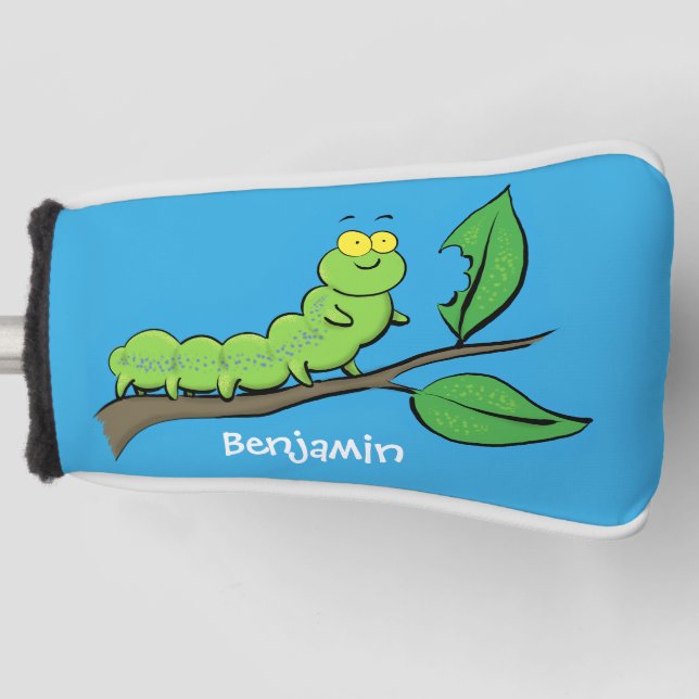Happy cute green caterpillar cartoon illustration golf head cover (Front)