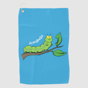 Happy cute green caterpillar cartoon illustration golf towel