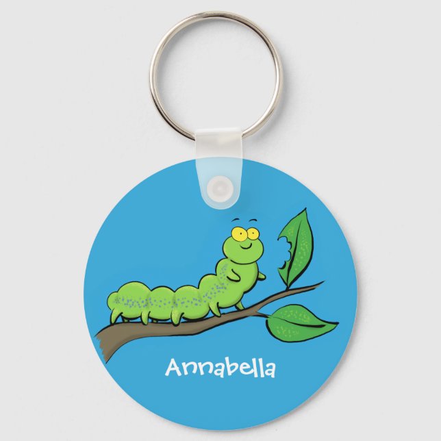 Happy cute green caterpillar cartoon illustration keychain (Front)