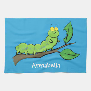 Happy cute green caterpillar cartoon illustration kitchen towel