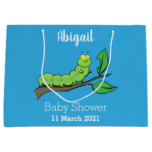 Happy cute green caterpillar cartoon illustration large gift bag