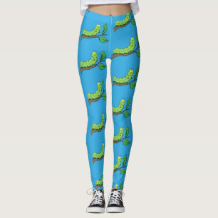 Happy cute green caterpillar cartoon illustration leggings