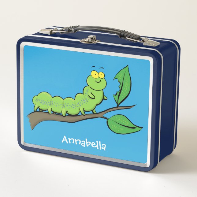 Happy cute green caterpillar cartoon illustration metal lunch box (Front)