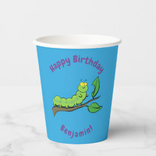Happy cute green caterpillar cartoon illustration paper cups
