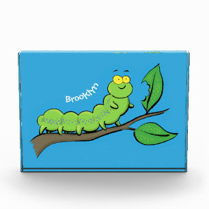 Happy cute green caterpillar cartoon illustration photo block