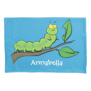 Happy cute green caterpillar cartoon illustration pillowcase