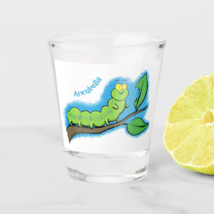 Happy cute green caterpillar cartoon illustration shot glass