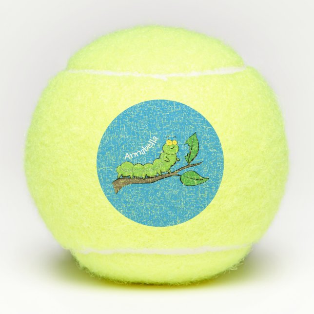 Happy cute green caterpillar cartoon illustration tennis balls (Front)