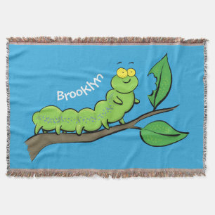 Happy cute green caterpillar cartoon illustration throw blanket