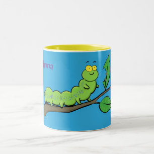 Happy cute green caterpillar cartoon illustration Two-Tone coffee mug