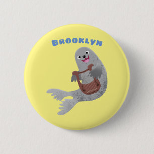 Happy cute harp seal cartoon illustration 2 inch round button
