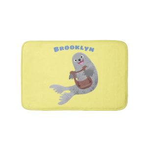 Happy cute harp seal cartoon illustration bath mat