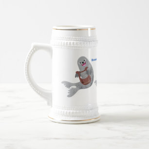 Happy cute harp seal cartoon illustration beer stein