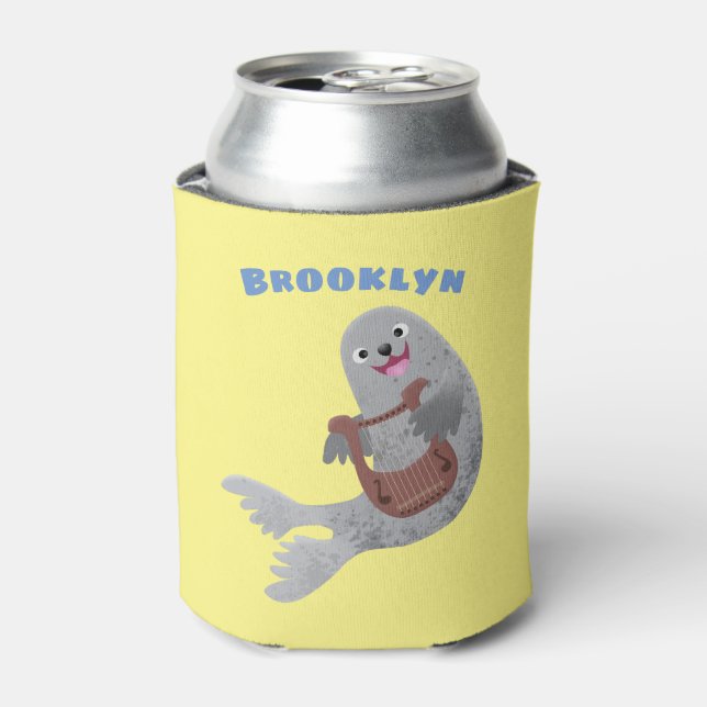 Happy cute harp seal cartoon illustration can cooler (Can Front)