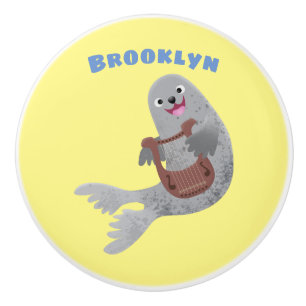Happy cute harp seal cartoon illustration ceramic knob