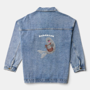 Happy cute harp seal cartoon illustration denim jacket