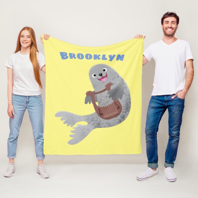 Happy cute harp seal cartoon illustration fleece blanket (In Situ)