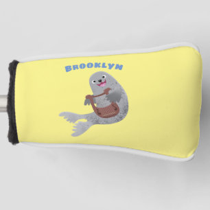 Happy cute harp seal cartoon illustration golf head cover