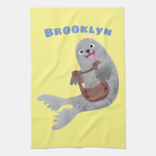 Happy cute harp seal cartoon illustration kitchen towel