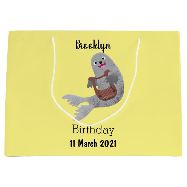 Happy cute harp seal cartoon illustration large gift bag (Front)