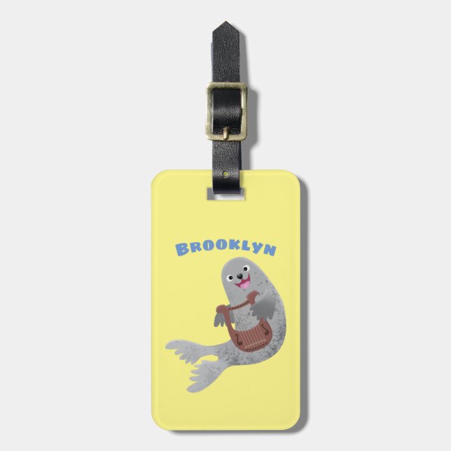 Happy cute harp seal cartoon illustration luggage tag (Front Vertical)