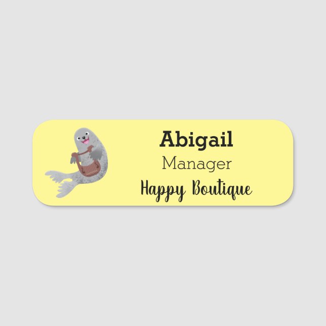 Happy cute harp seal cartoon illustration name tag (Front)