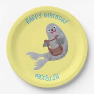 Happy cute harp seal cartoon illustration paper plate