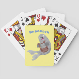 Happy cute harp seal cartoon illustration playing cards