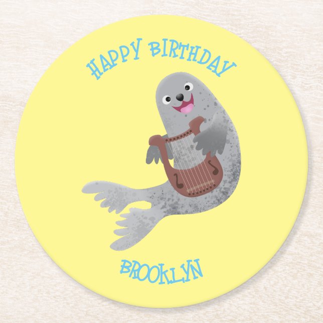 Happy cute harp seal cartoon illustration round paper coaster (Front)