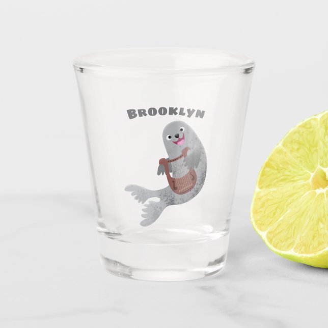 Happy cute harp seal cartoon illustration shot glass (Front)