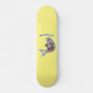 Happy cute harp seal cartoon illustration skateboard